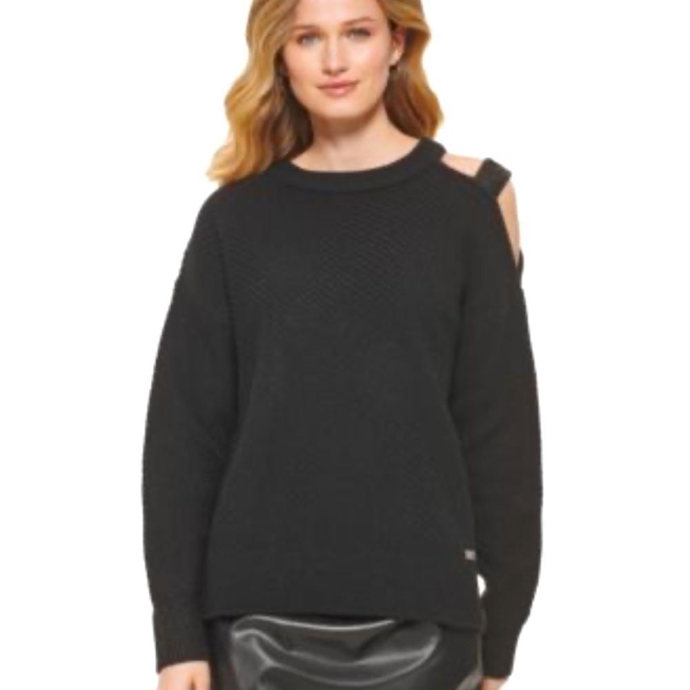 DKNY Black Sequined Shoulder Cut-out Sweater Sz S NWOT